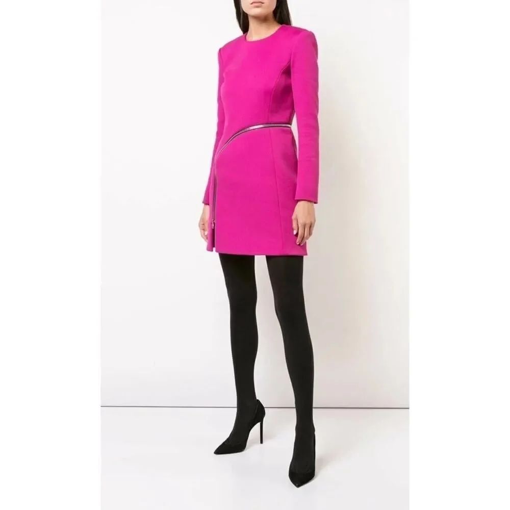 Alexander Wang Fuchsia Long Sleeve Mini Dress Asymmetric Zip Cotton Blend sz 2